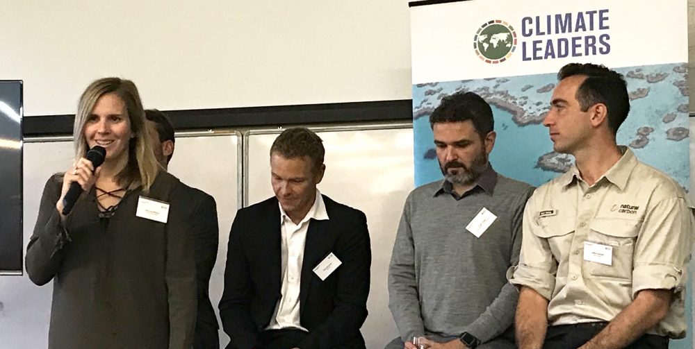 Belinda Whelan, Director of Strategic Projects at Climate-KIC Australia presents her challenge at the South Pole Climate Leaders Forum in Sydney on May 15, 2019.